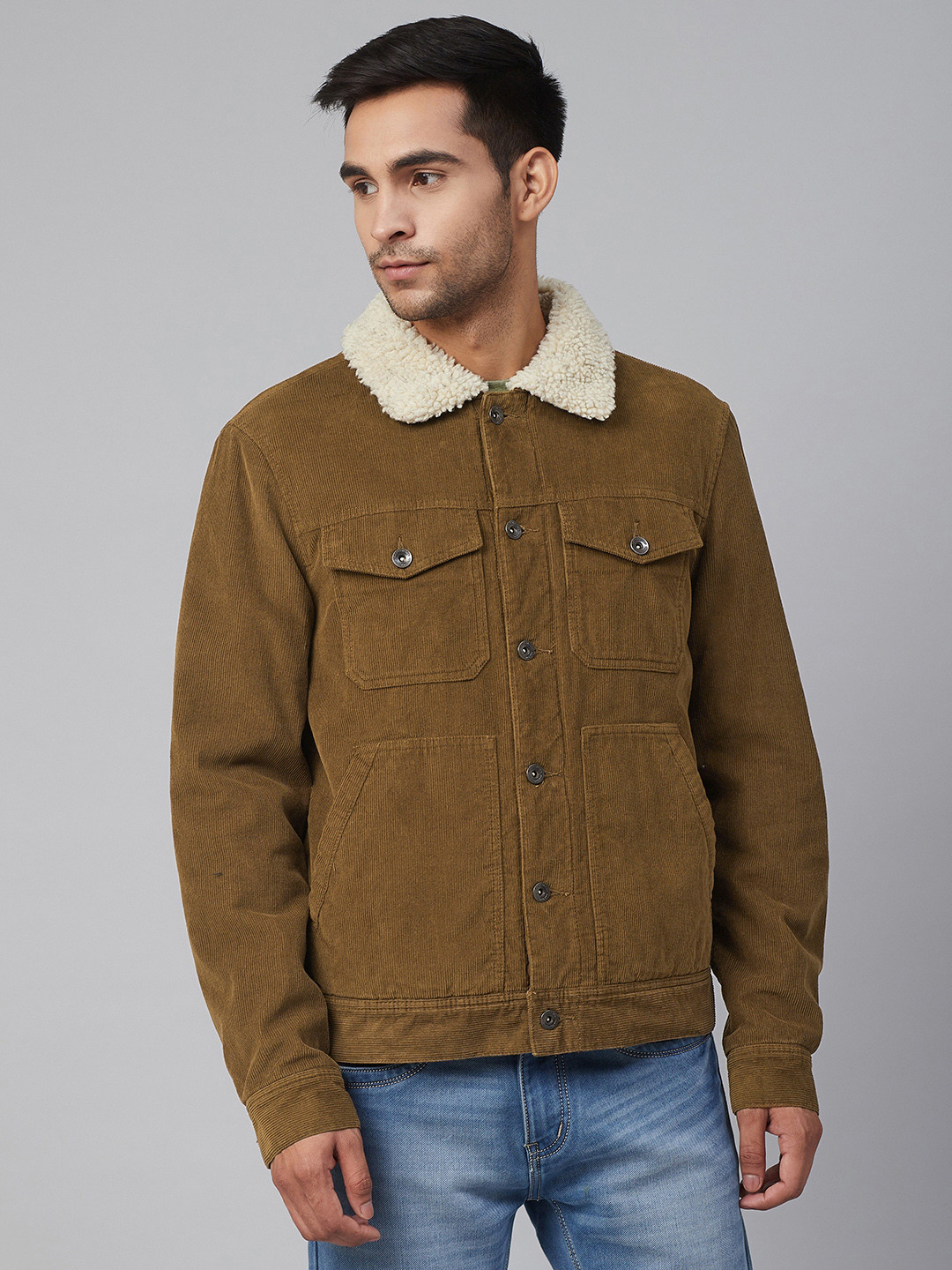 Buy Marks & Spencer Men Olive Brown Corduroy Solid Tailored Jacket