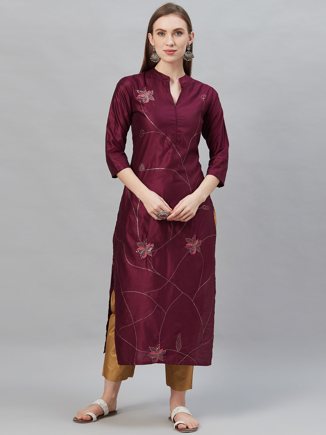 Buy Indo Era Women Burgundy & Mustard Brown Sequence Embellished Kurta