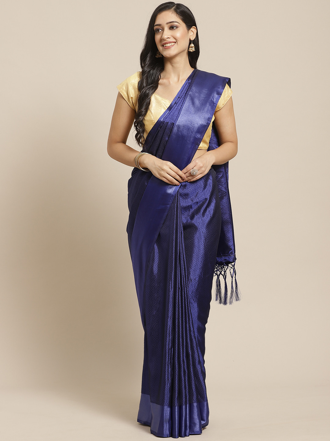 Women's Satin Silk Navy Blue Woven Design Designer Saree With Blouse Piece