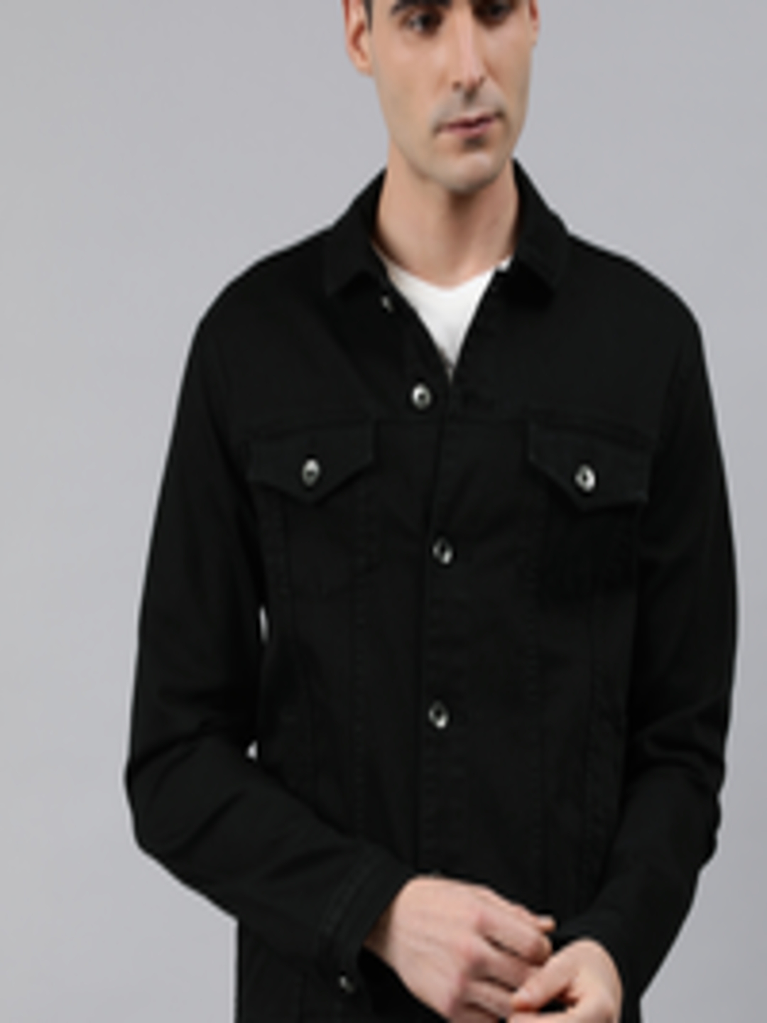 Buy WROGN Men Black Solid Slim Fit Denim Jacket - Jackets for Men ...