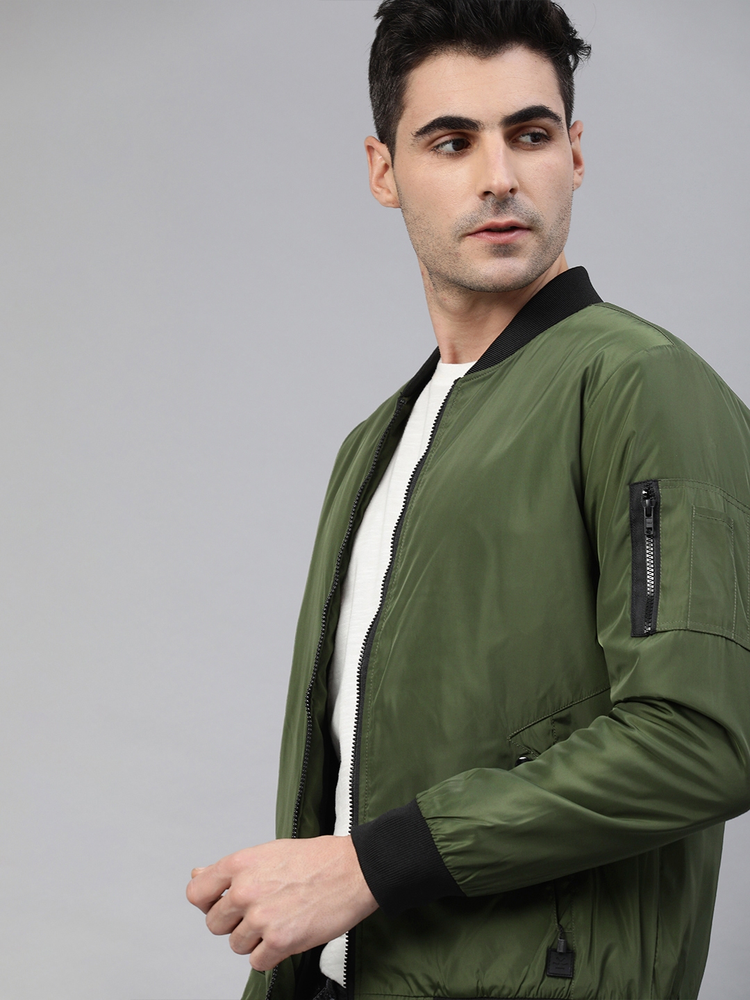 WROGN Men Olive Green Slim Fit Solid Bomber Jacket Price History