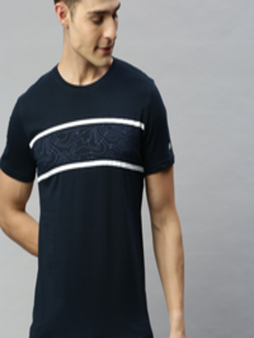 Buy WROGN Men Navy Blue Printed Round Neck Pure Cotton T Shirt ...