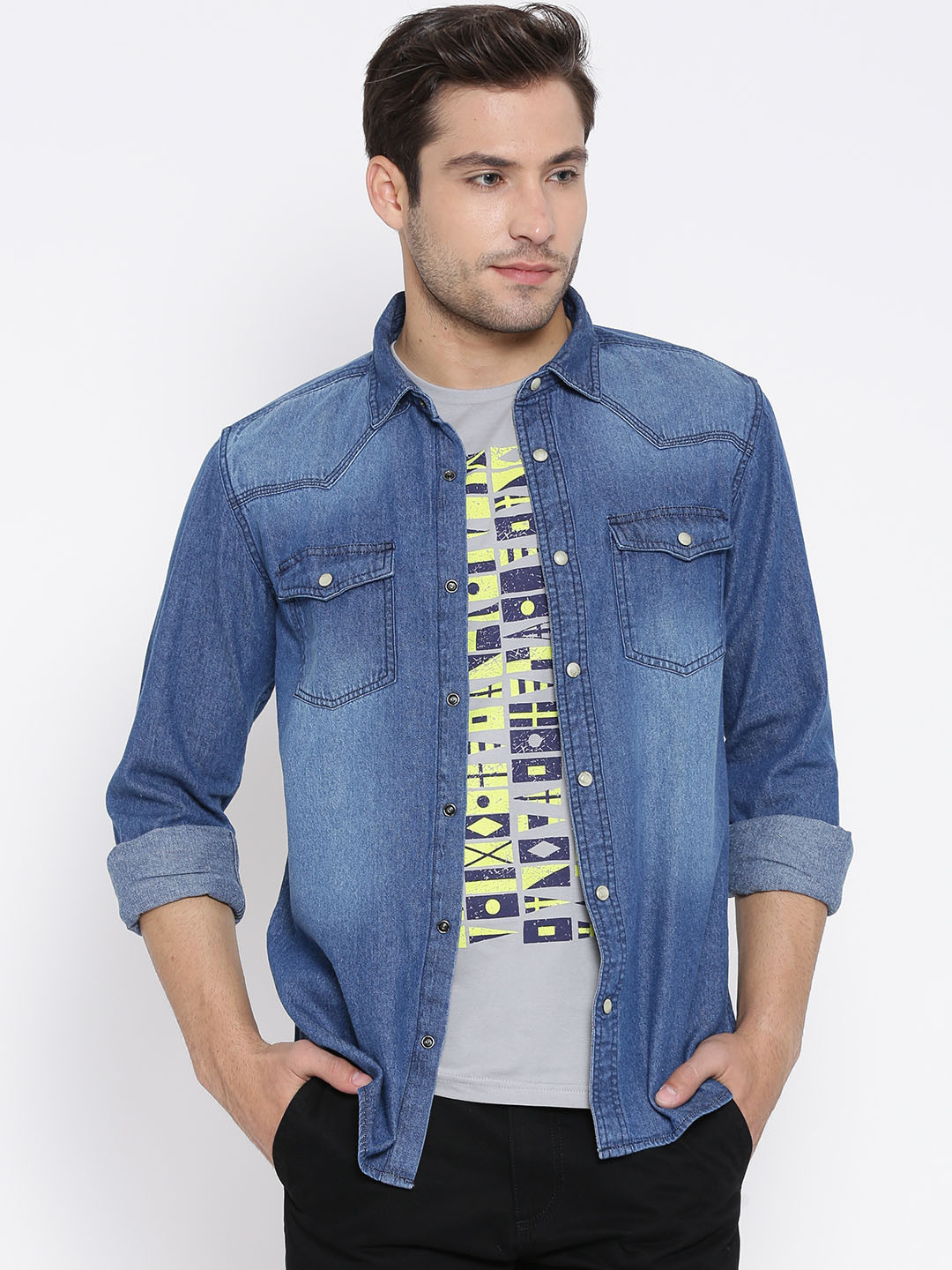 Buy People Blue Washed Slim Denim Shirt Shirts for Men 1242344 Myntra