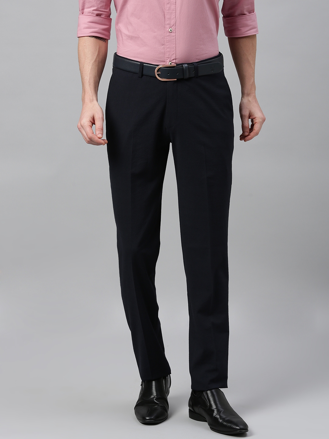 Buy Theme Men Navy Blue Slim Fit Solid Formal Trousers - Trousers for ...