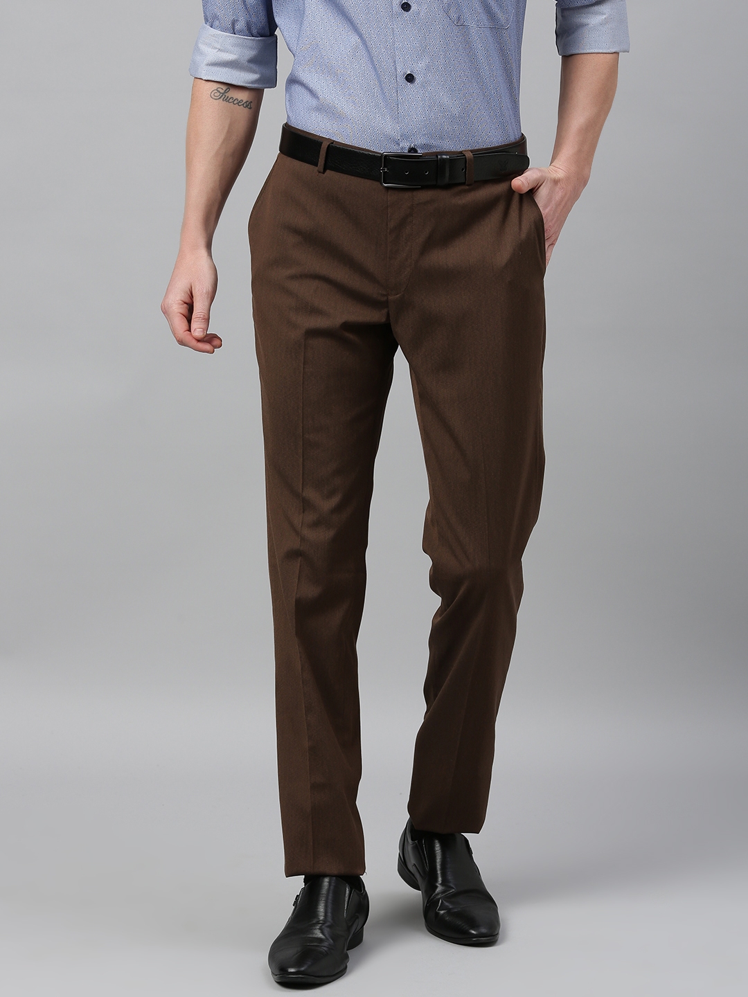 Buy Theme Men Brown Slim Fit Solid Formal Trousers - Trousers for Men ...
