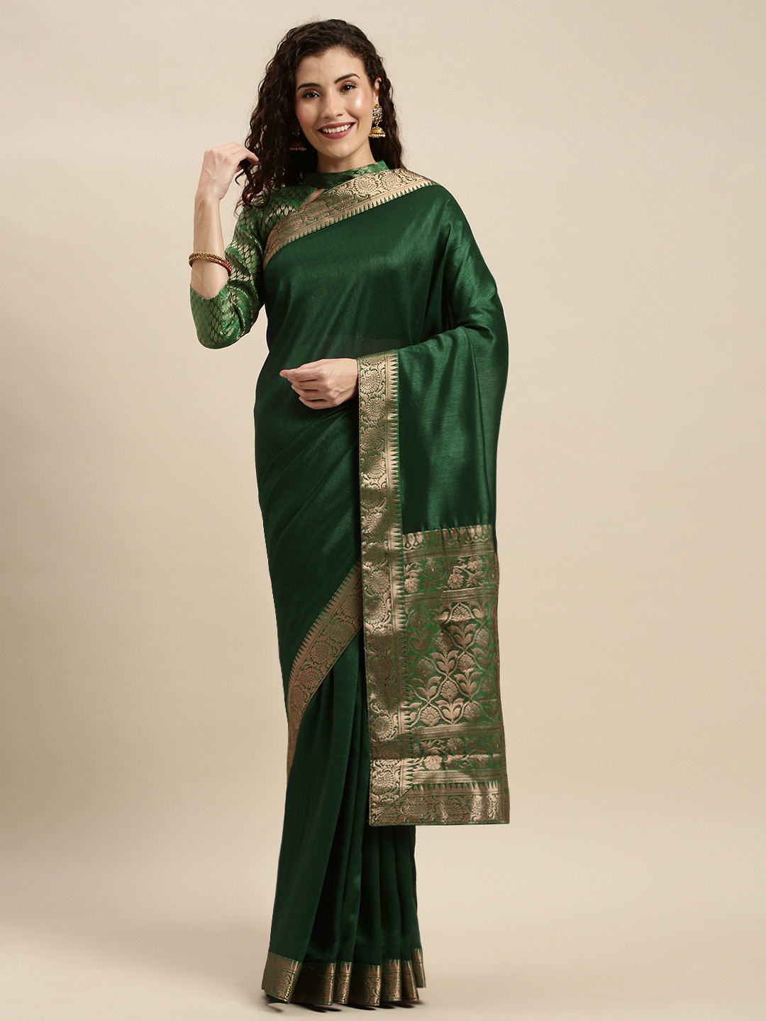 Buy Mitera Green Silk Blend Solid Pochampally Saree Sarees for Women