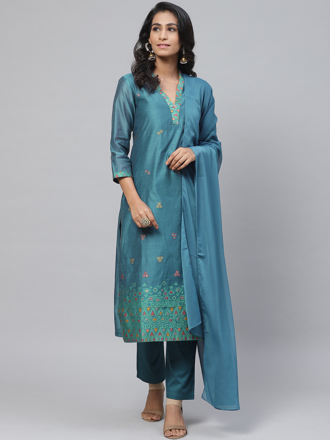 Buy Biba Women Teal Blue & Sea Green Woven Design Kurta With Trousers