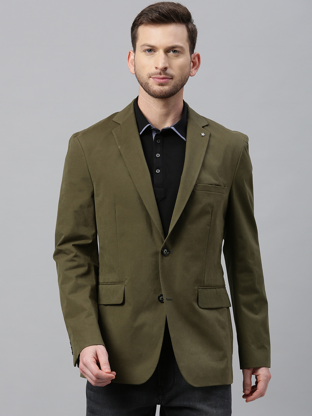 Buy Theme Men Olive Green Slim Fit Solid Single Breasted Casual Blazer