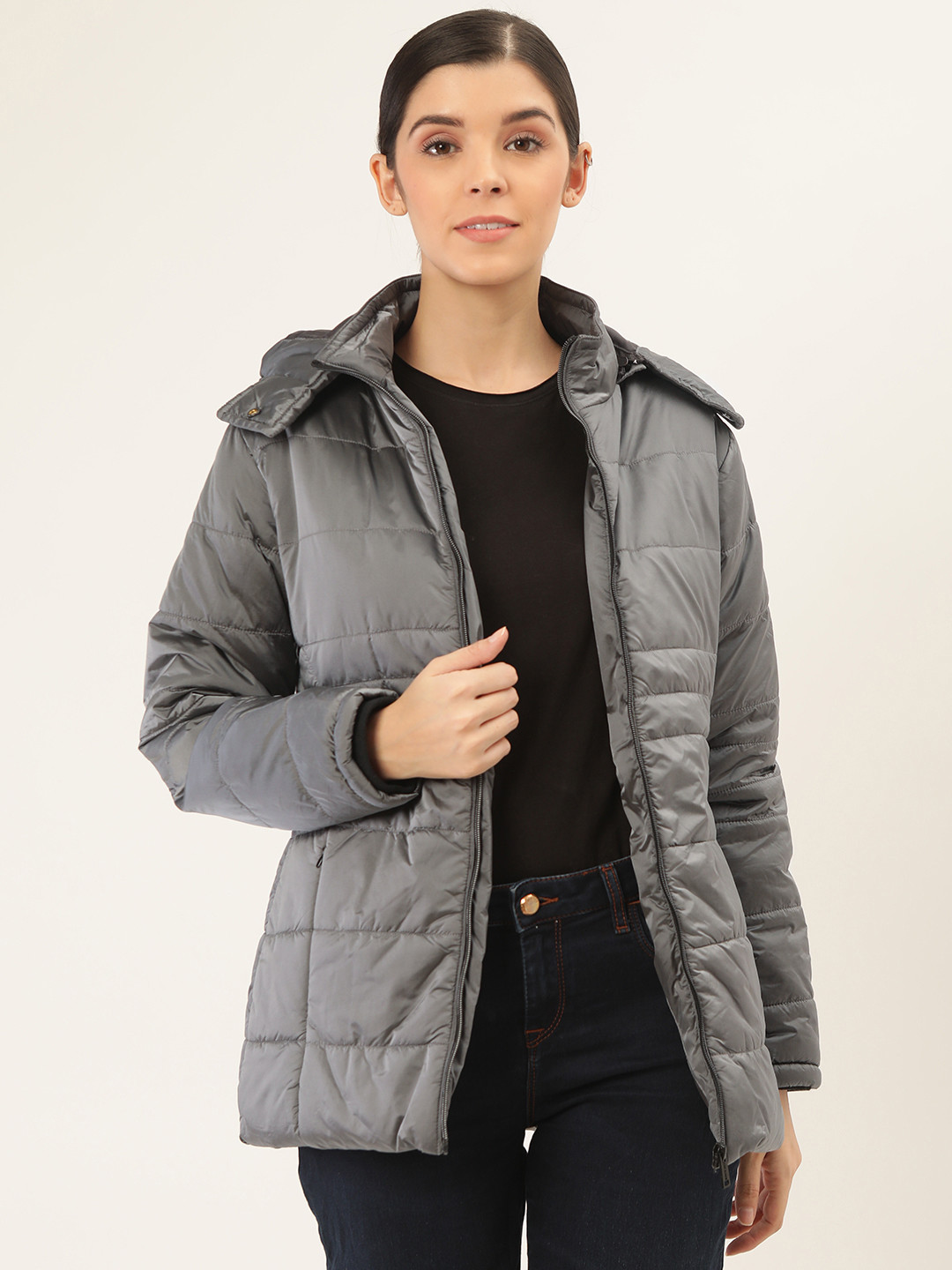 Buy Okane Women Charcoal Grey Solid Hooded Padded Jacket Jackets for