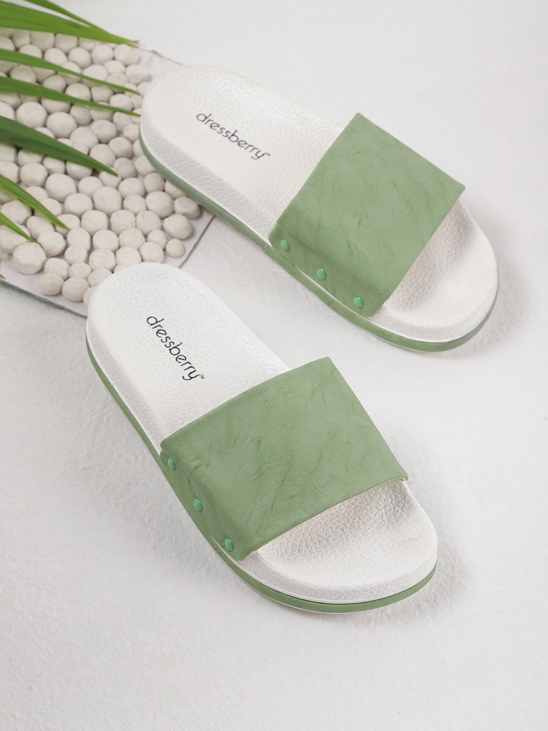 Buy DressBerry Women Olive Green & White Textured Sliders Flip Flops