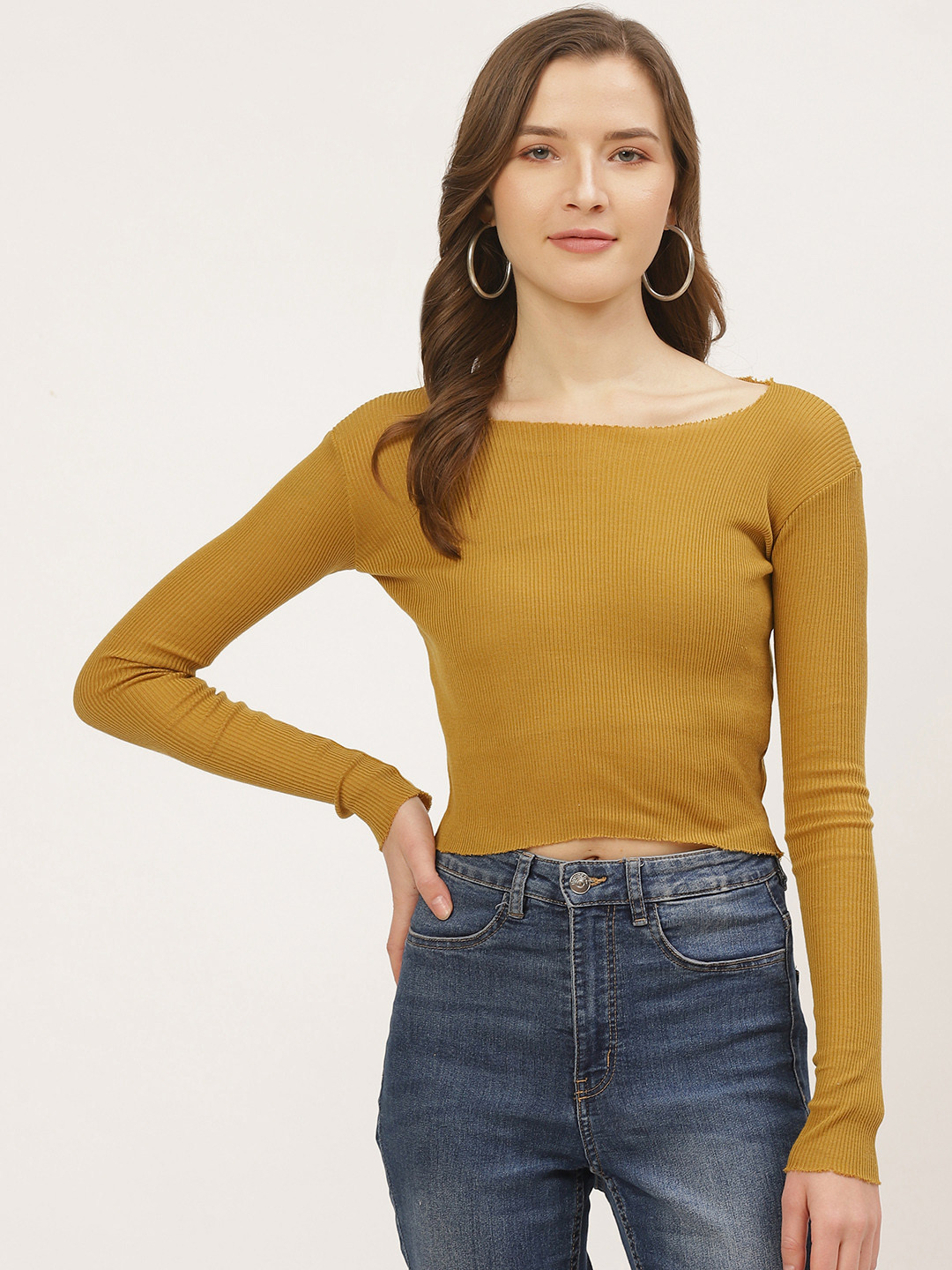 Buy ANVI Be Yourself Women Mustard Yellow Ribbed Crop Top Tops for