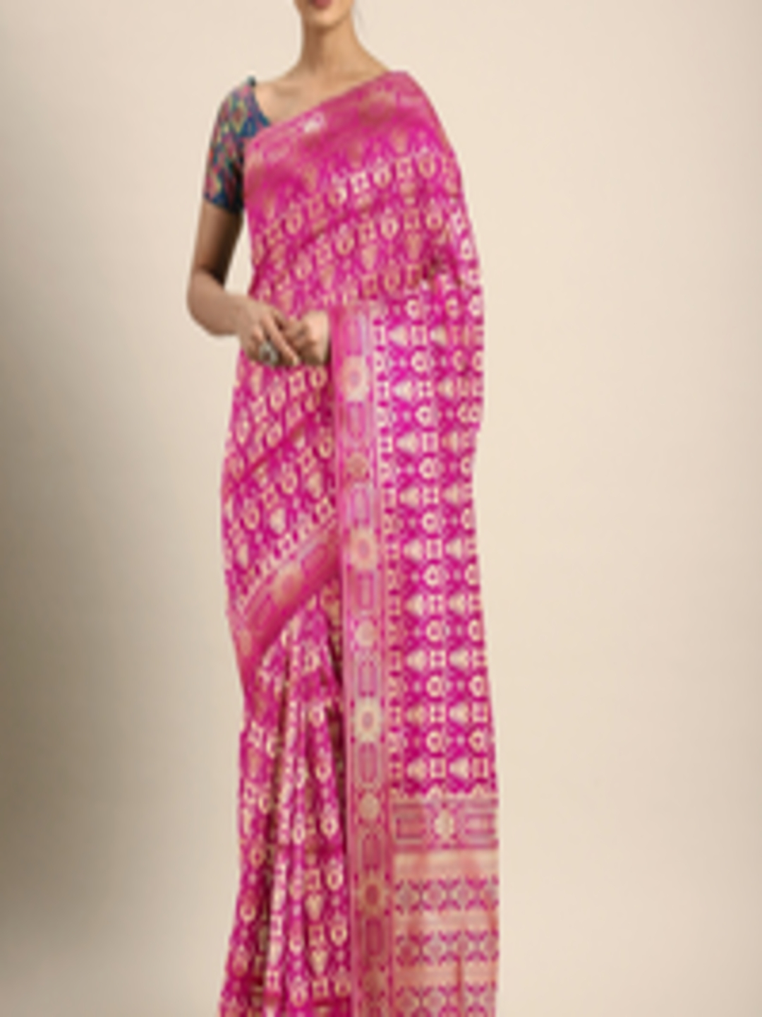 Buy KALINI Pink & Gold Toned Silk Blend Woven Design Kanjeevaram Saree ...