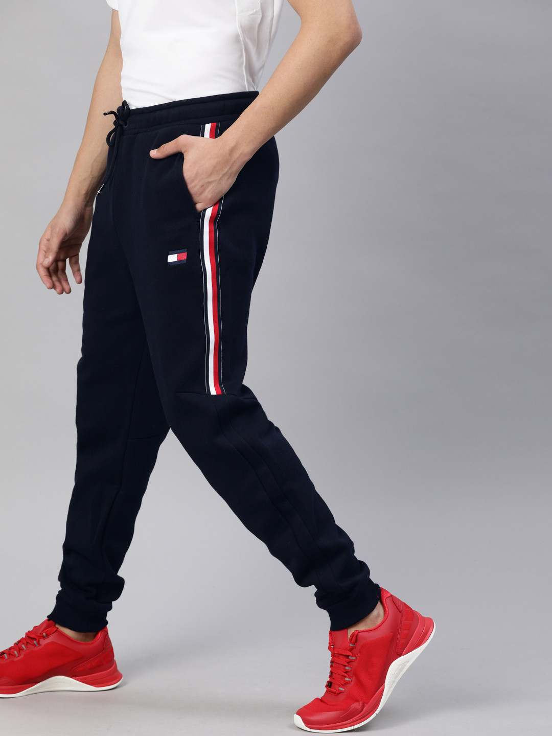 Buy Tommy Hilfiger Men Navy Blue Solid Straight Fit Joggers With Side