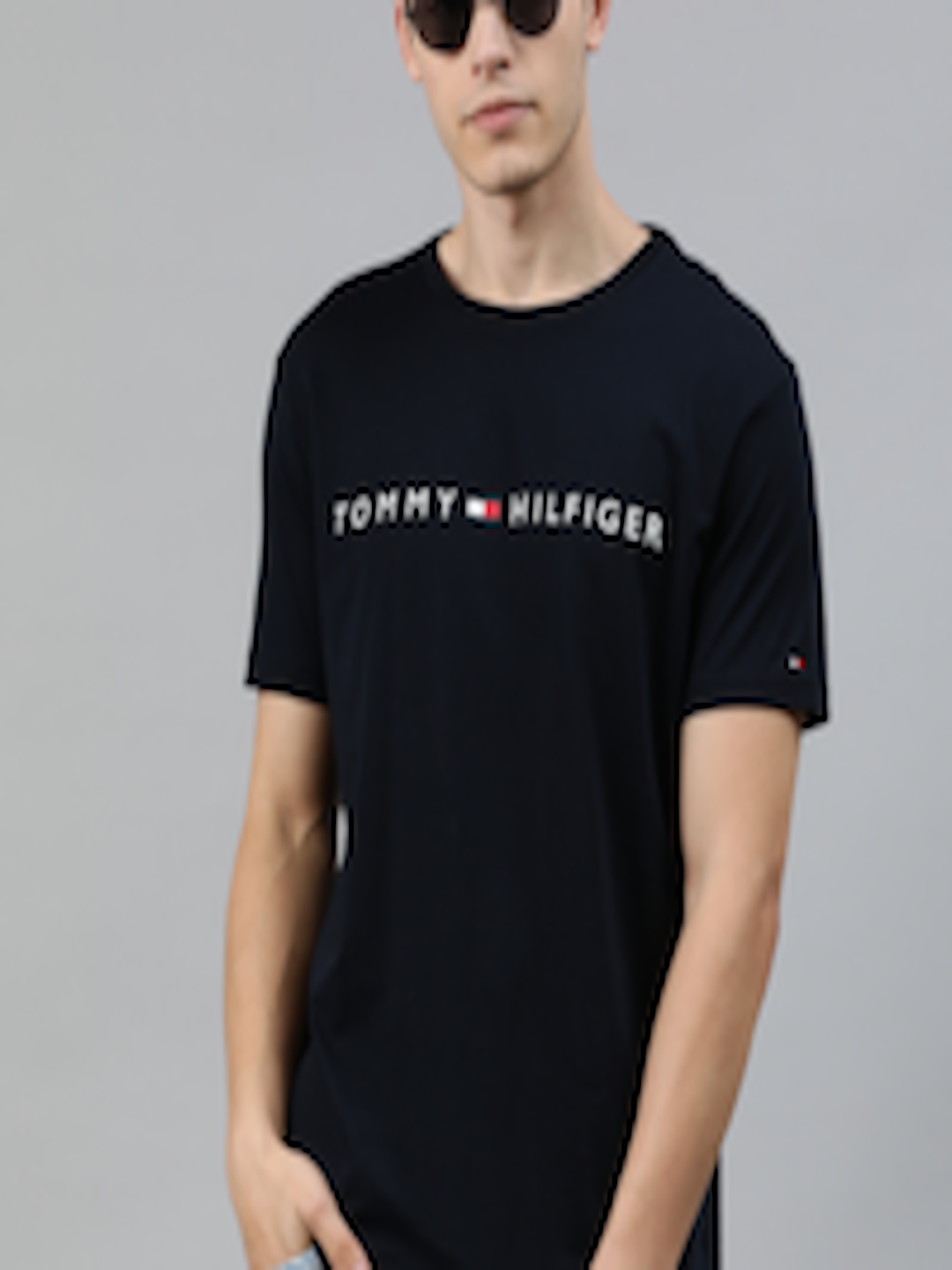 Buy Tommy Hilfiger Men Navy Blue Printed Round Neck Pure Cotton T Shirt ...