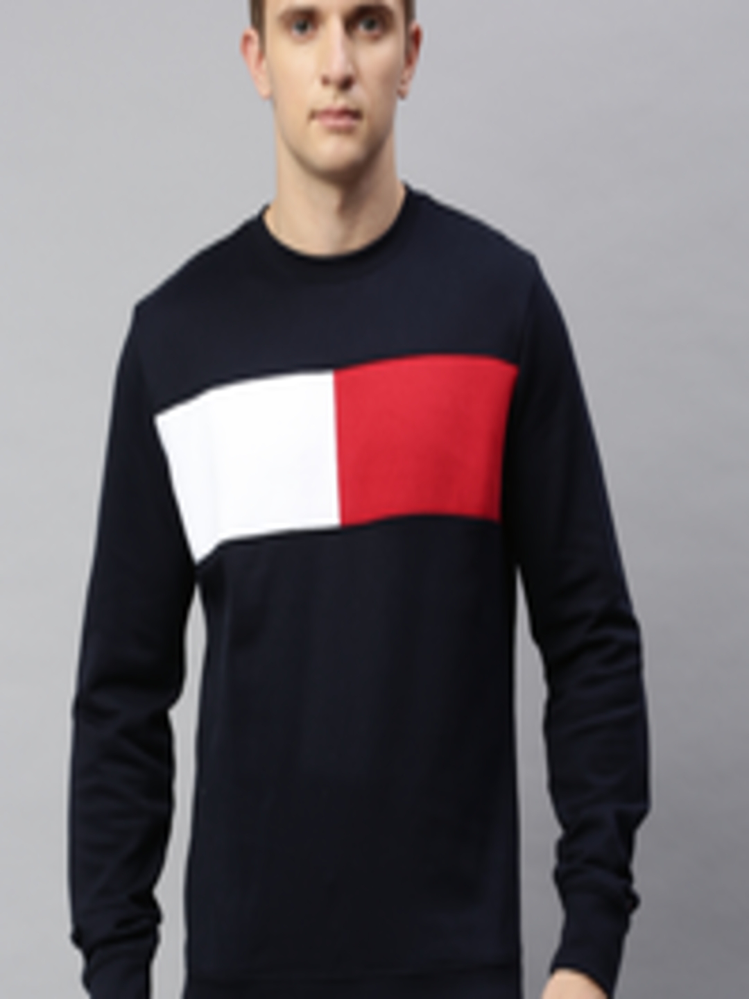 Buy Tommy Hilfiger Men Navy Blue & White Colourblocked Sweatshirt ...