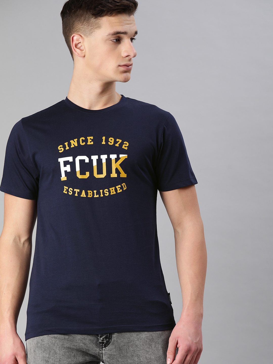Buy French Connection Men Navy Blue Printed Round Neck Pure Cotton T ...