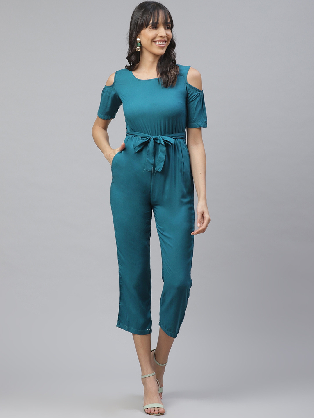 Buy ATRAENTA Women Teal Green Solid Cold Shoulder Capri Jumpsuit With Belt Jumpsuit for Women