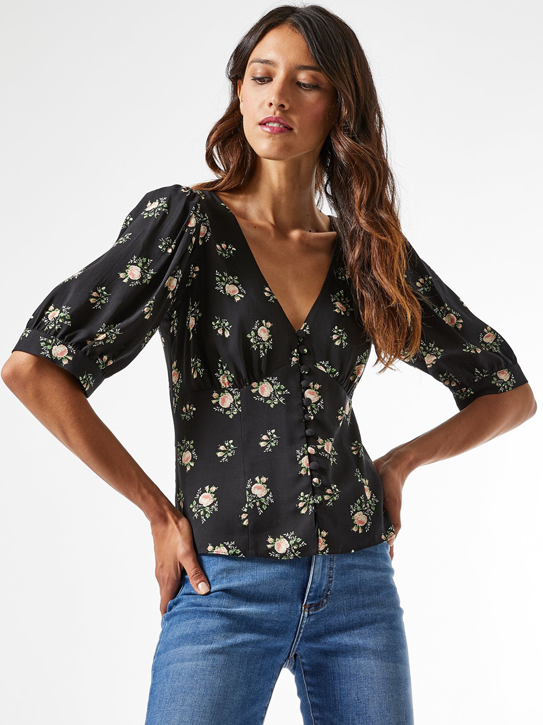 Buy DOROTHY PERKINS Women Black & Pink Floral Print Empire Top Tops