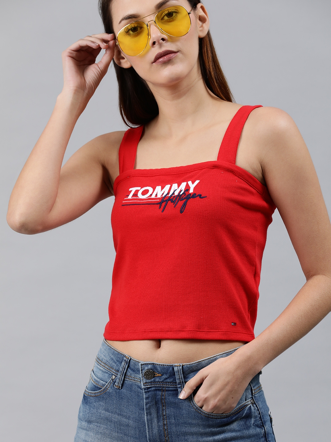 Buy Tommy Hilfiger Women Red Embroidered Knitted Ribbed Top Tops for