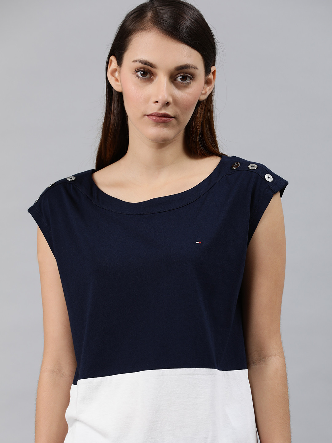 Buy Tommy Hilfiger Women Navy Blue & White Colourblocked Top Tops for