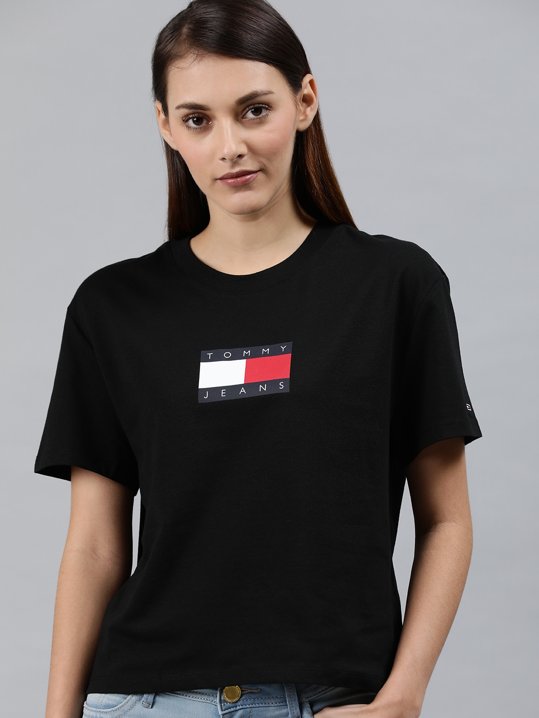 Buy Tommy Hilfiger Women Black Printed Round Neck Pure Cotton T Shirt ...