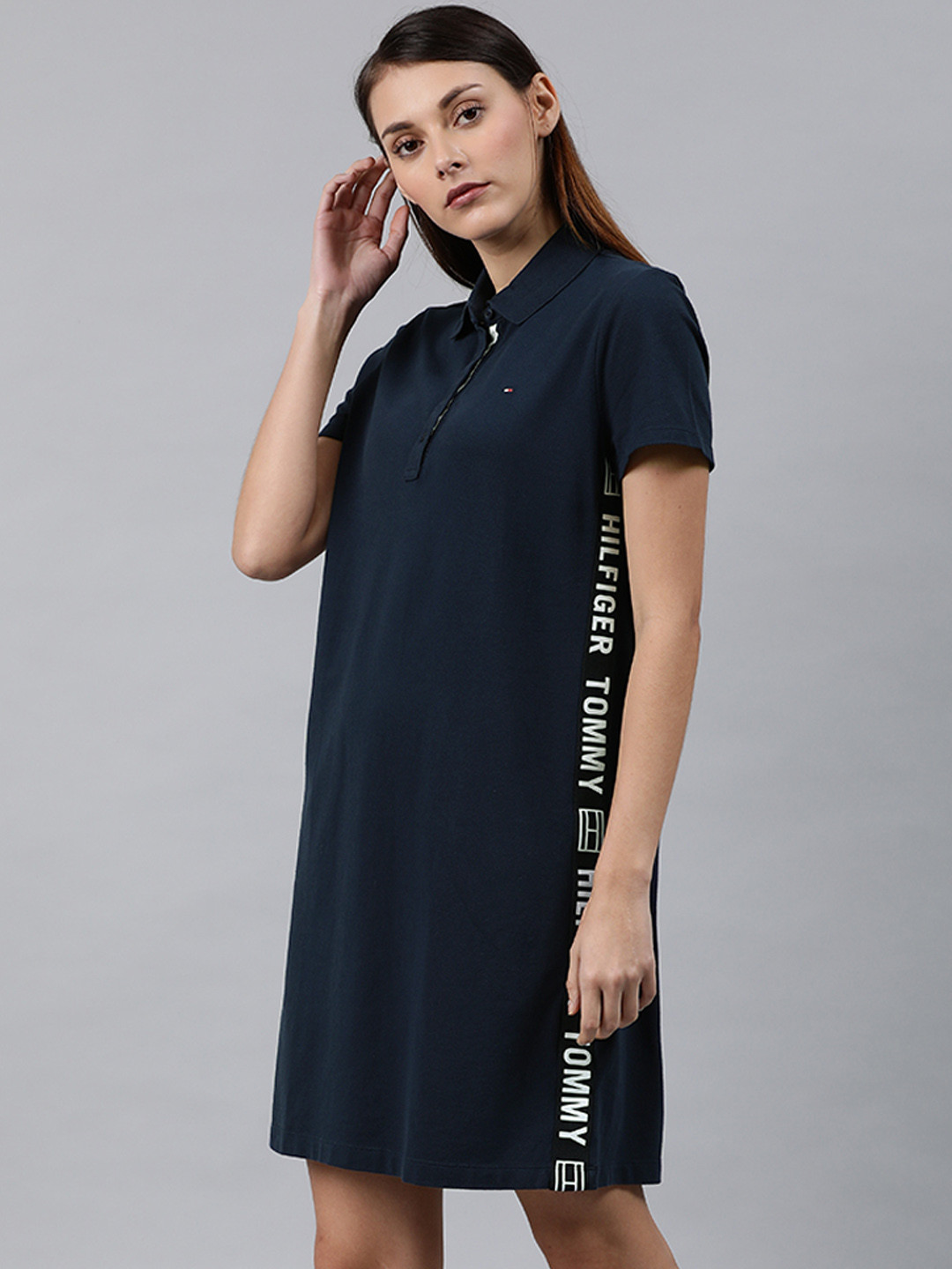 Buy Tommy Hilfiger Women Navy Blue Solid T Shirt Dress With Typography Detail Dresses for