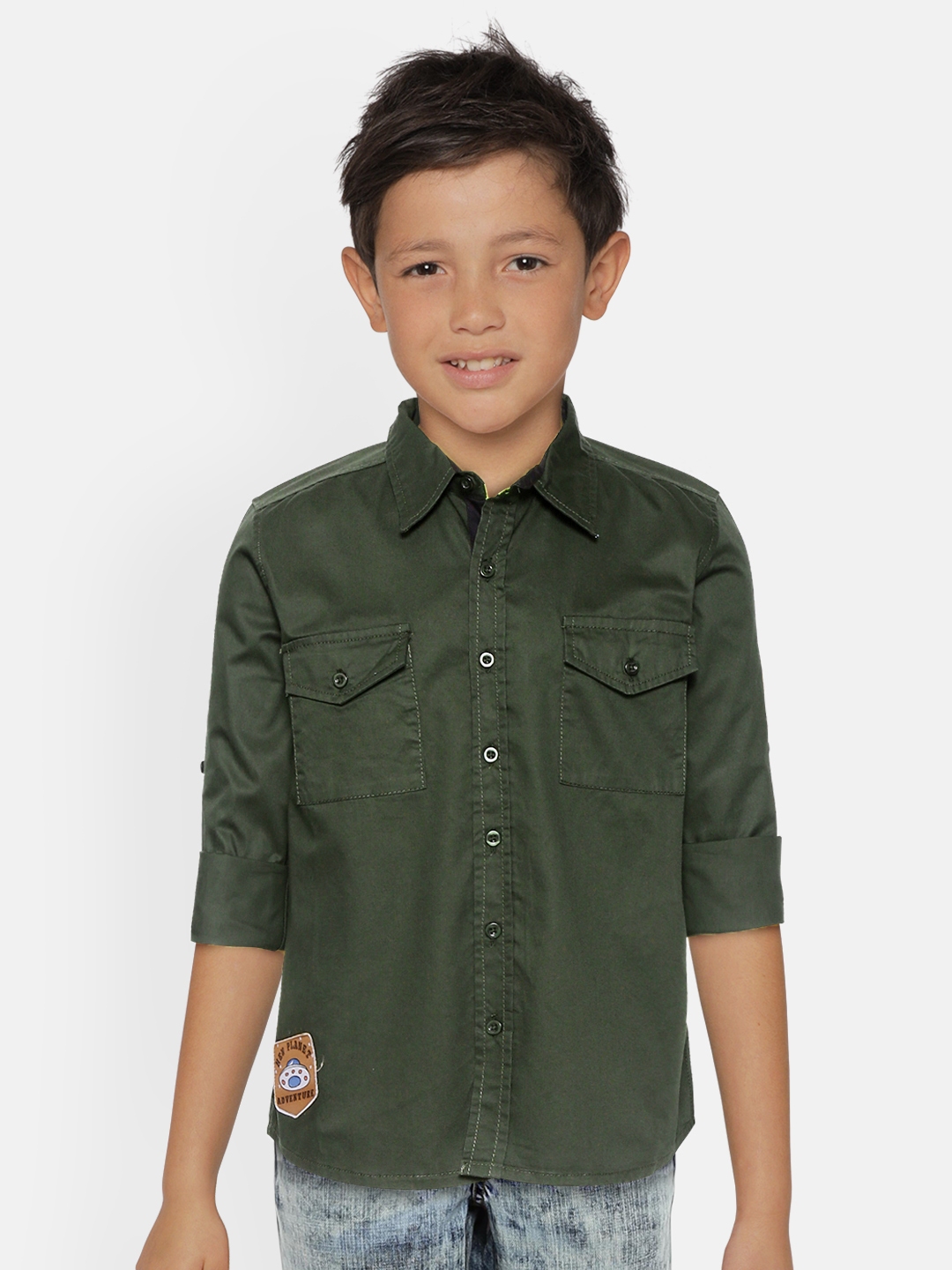 Buy YK Boys Olive Green Regular Fit Solid Pure Cotton Casual Shirt With