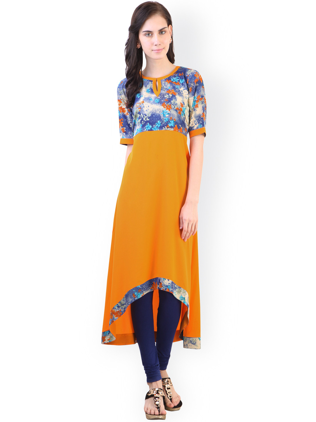 Buy Libas Mustard Yellow Printed High Low Kurta Kurtas for Women