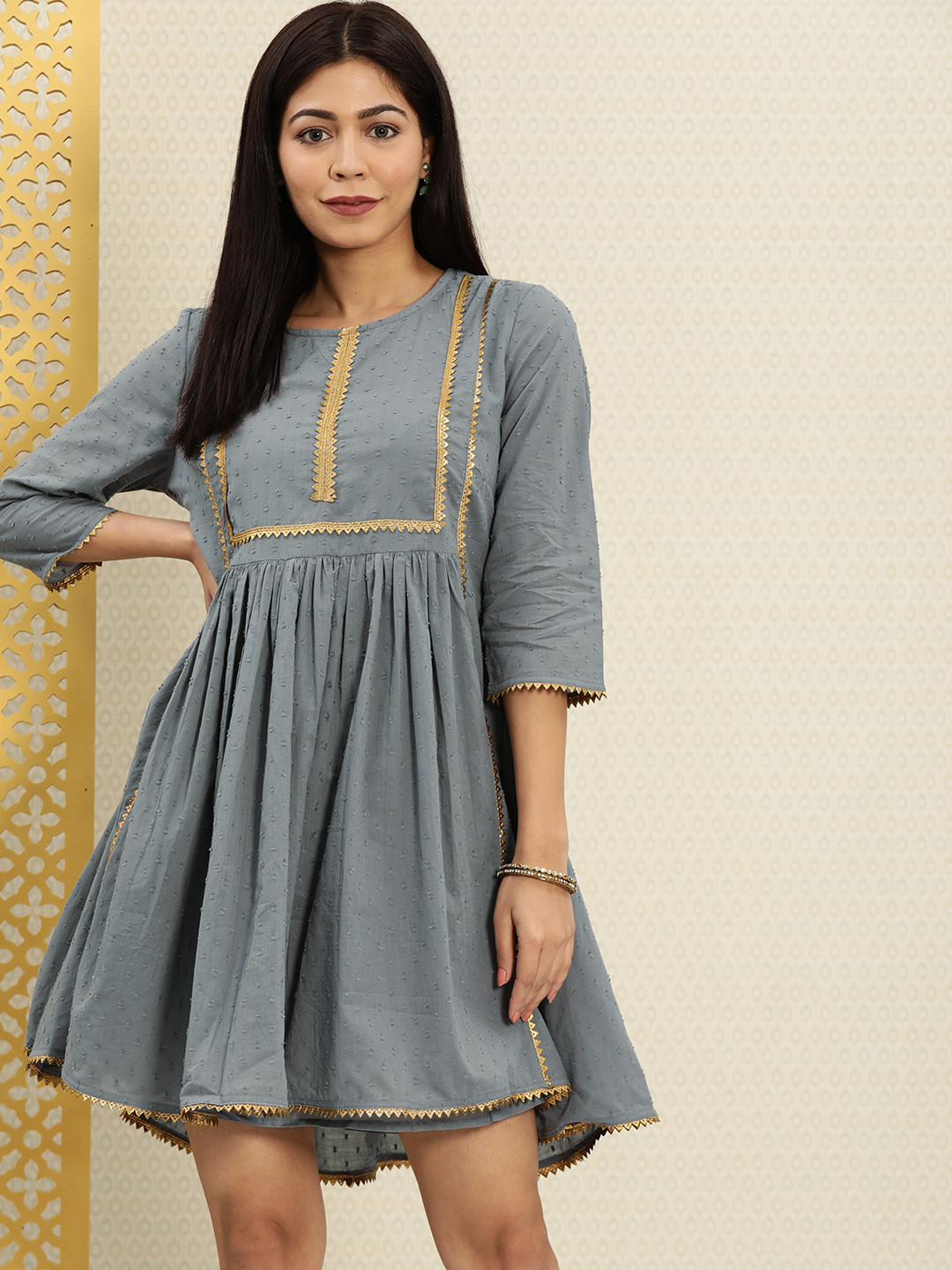Buy House Of Pataudi Women Grey Self Design Fit And Flare Dress