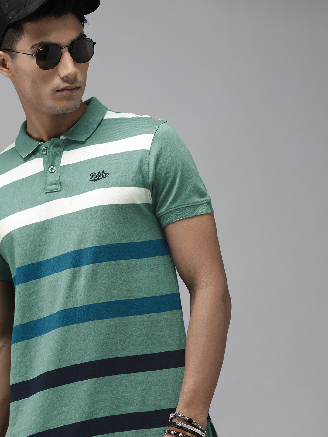 Buy Roadster Men Green Blue Striped Polo Collar Pure Cotton T Shirt