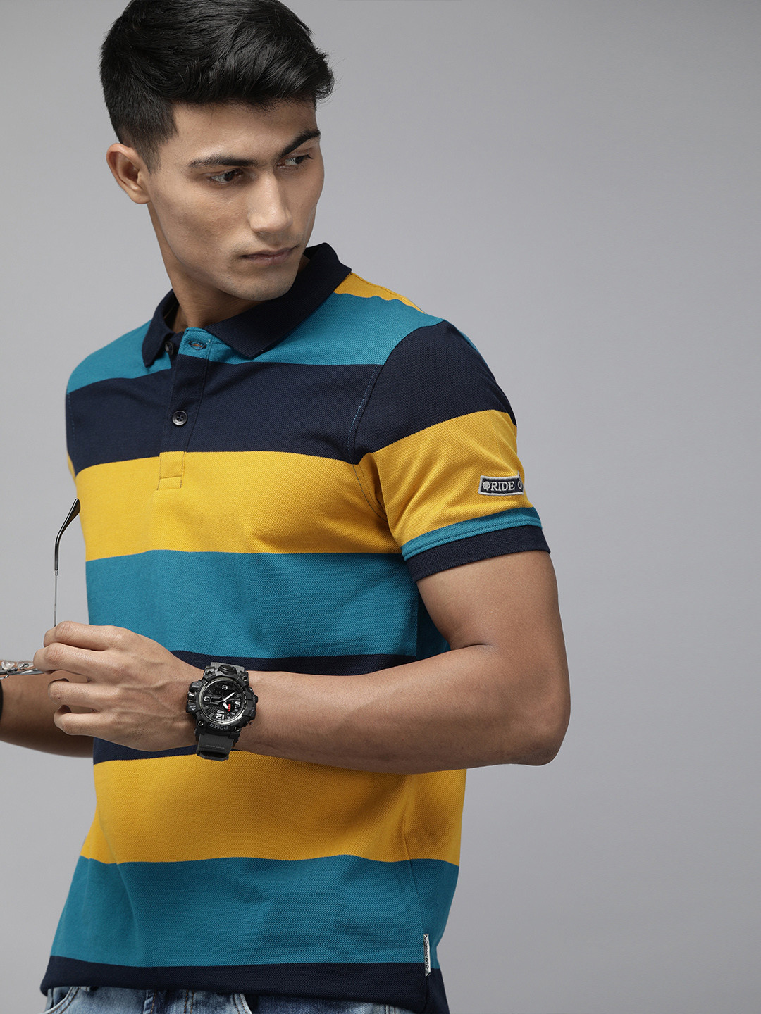 Buy Roadster Men Navy Blue Mustard Yellow Striped Polo Collar Pure