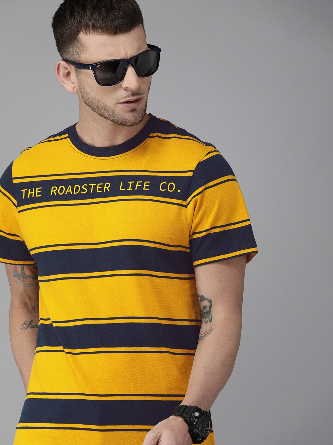 striped men dark blue yellow t shirt