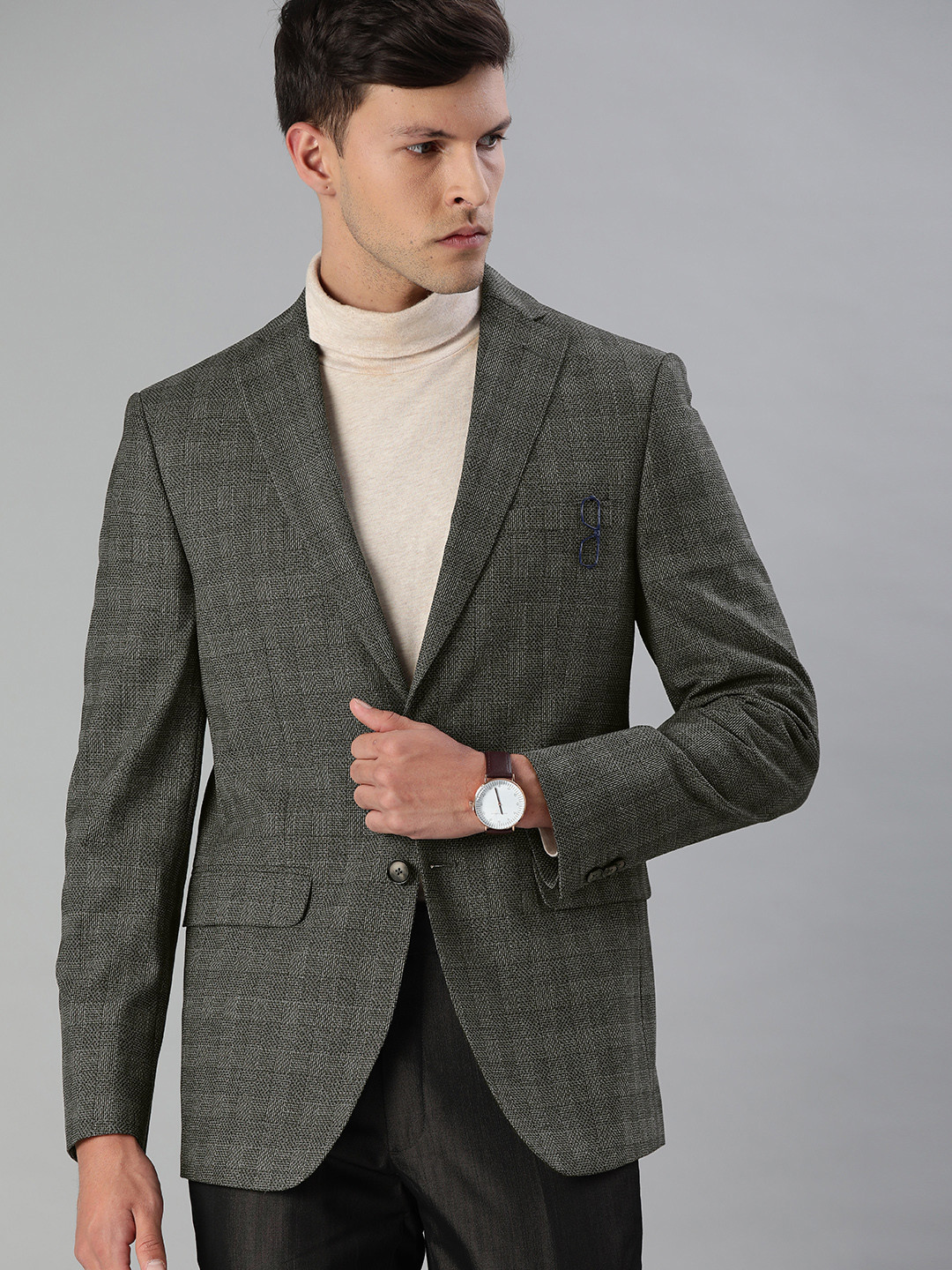 Buy Peter England Elite Men Grey Slim Fit Checked Single Breasted