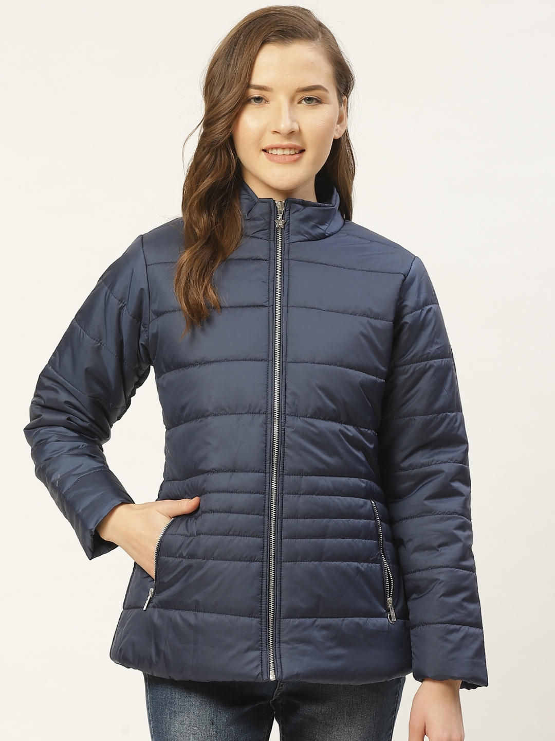 Buy Duke Women Navy Blue Solid Lightweight Padded Jacket - Jackets for ...