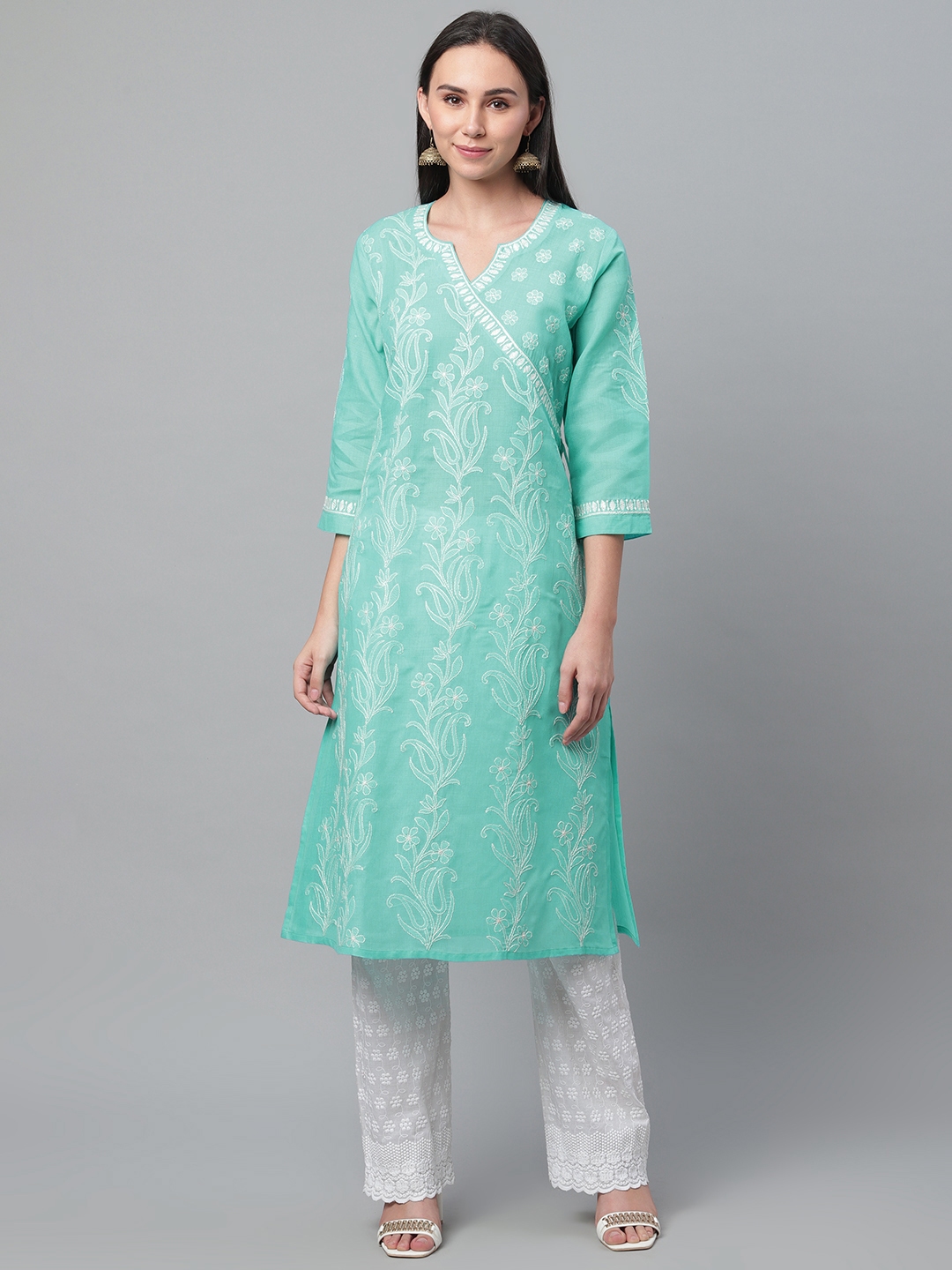 Buy Akheri Women Blue & White Chikankari Embroidered Angrakha Straight Kurta - Kurtas for Women 