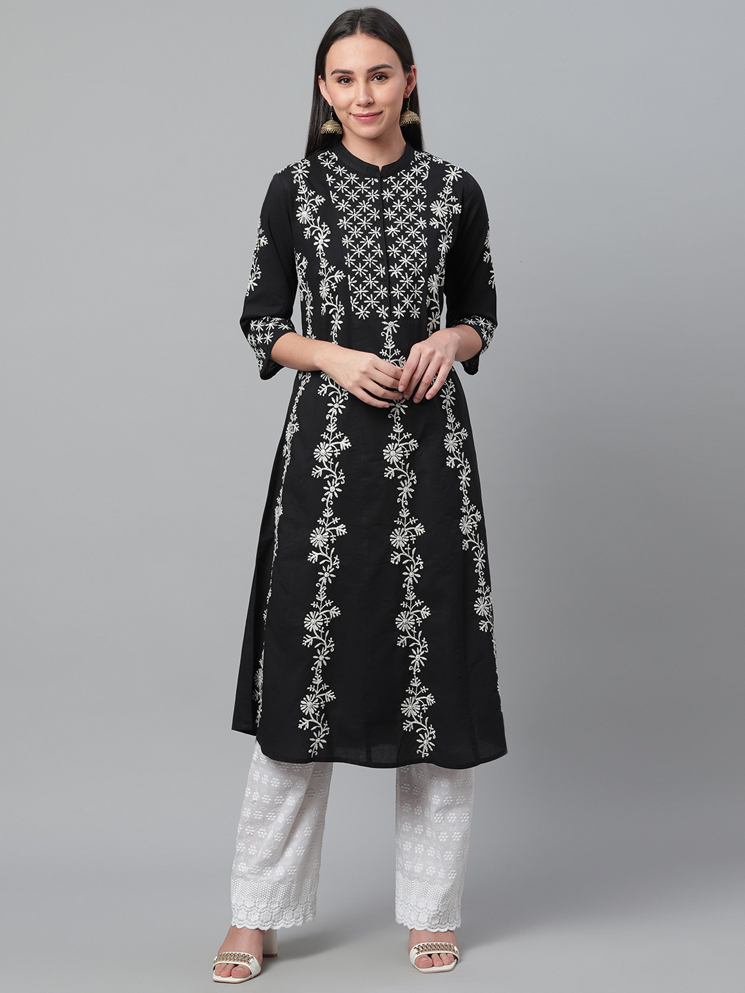 Buy Akheri Women Black & White Chikankari Embroidered A Line Kurta