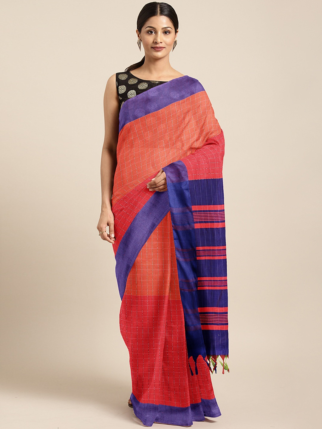 Buy Pothys Peach Coloured Solid Silk Cotton Saree Sarees for Women