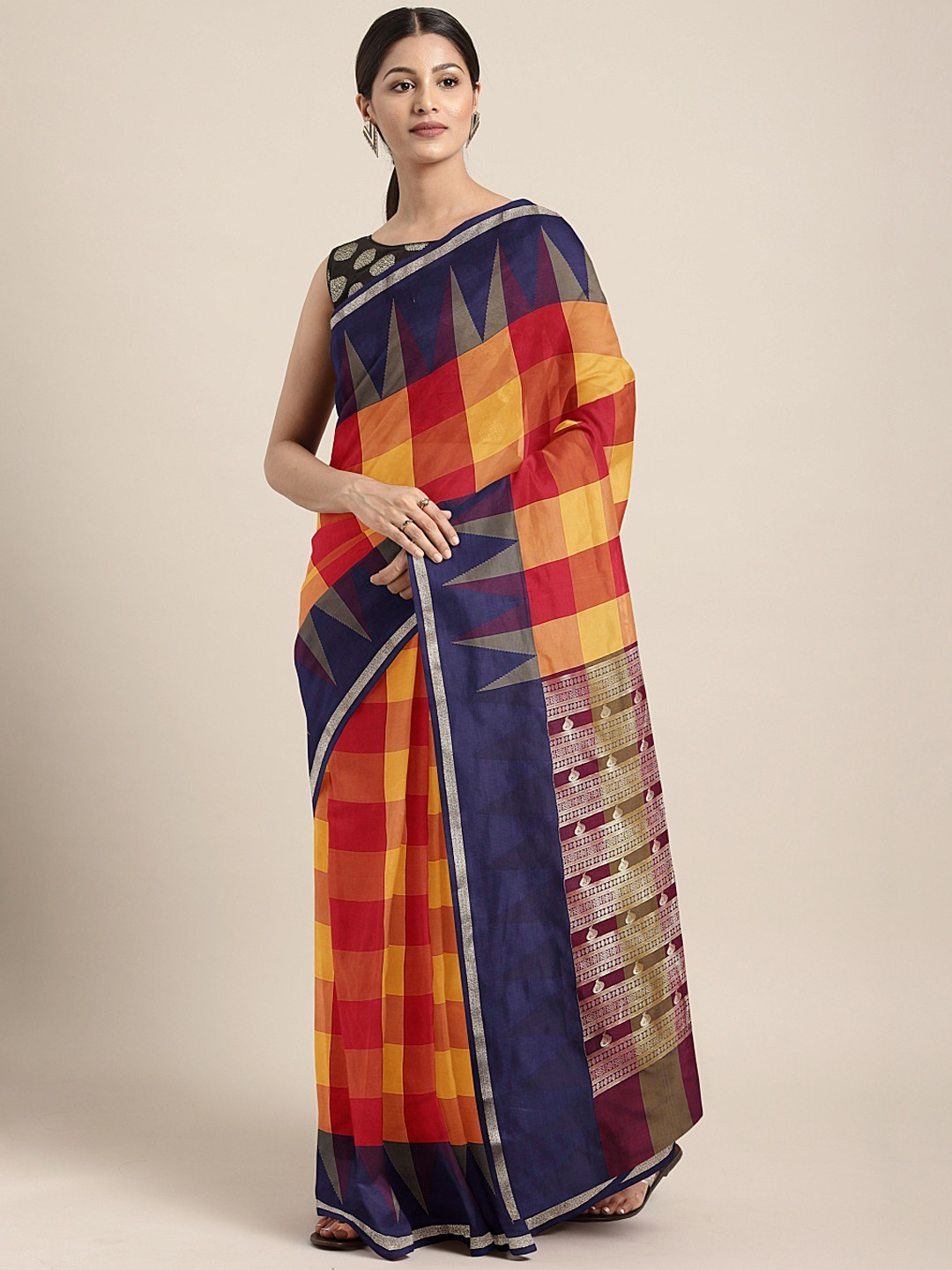 Buy Pothys Red & Yellow Art Silk Checked Saree Sarees for Women