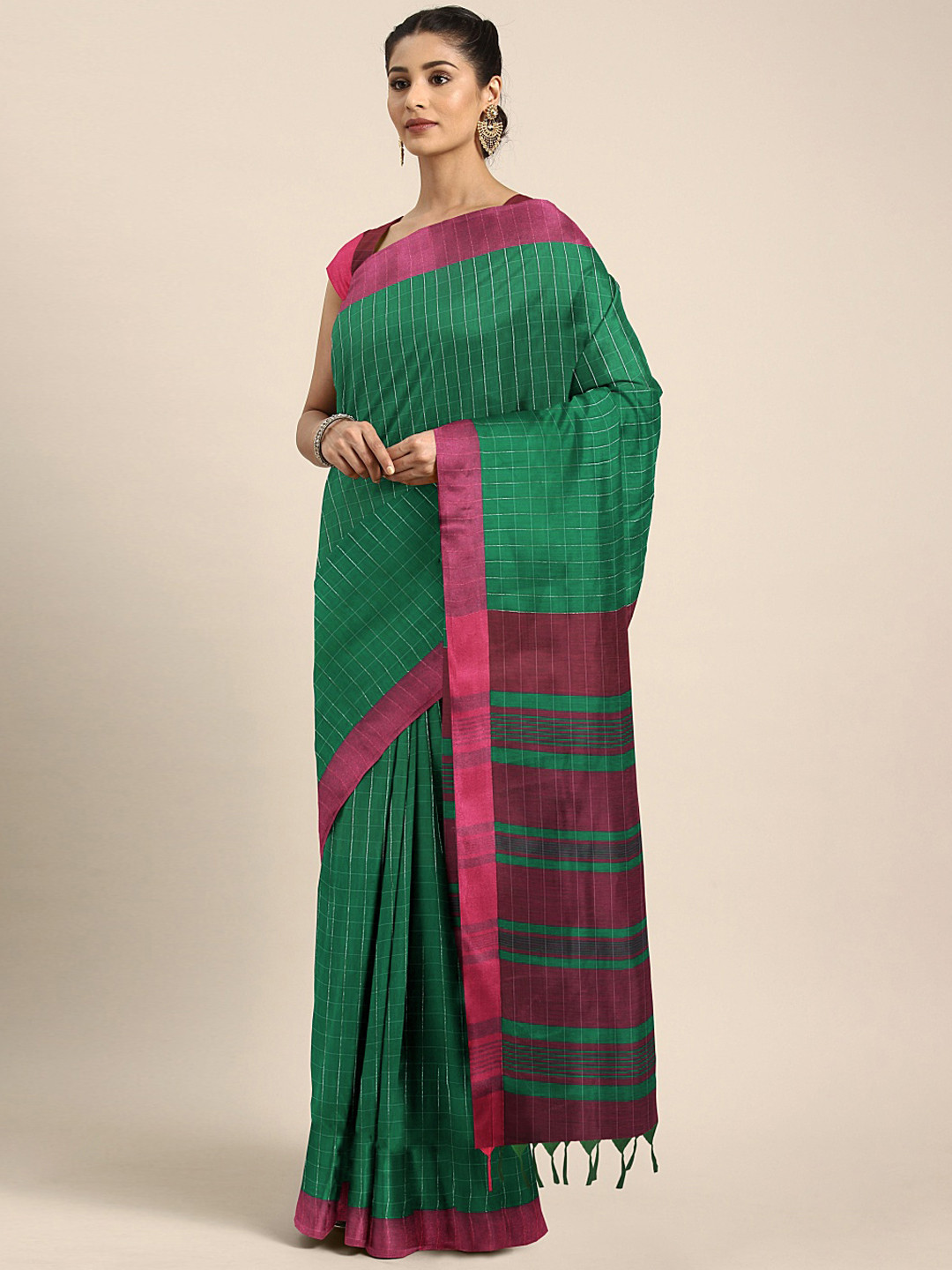 Buy Pothys Green & Magenta Pink Silk Cotton Checked Saree Sarees for