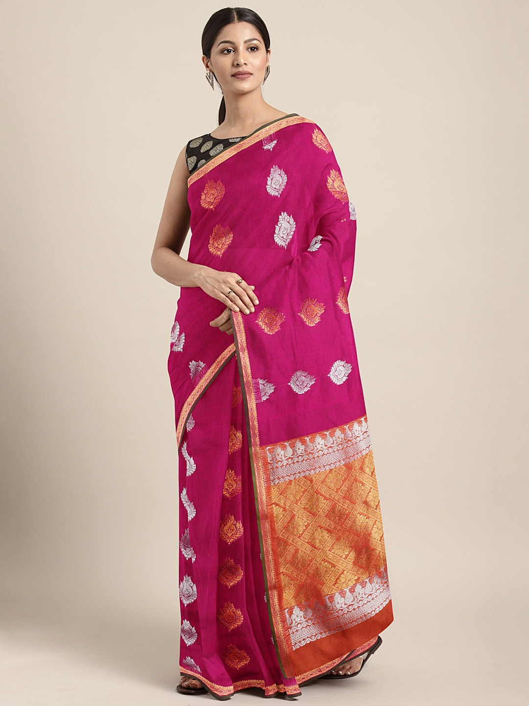 Buy Pothys Pink & Gold Toned Silk Cotton Woven Design Saree Sarees