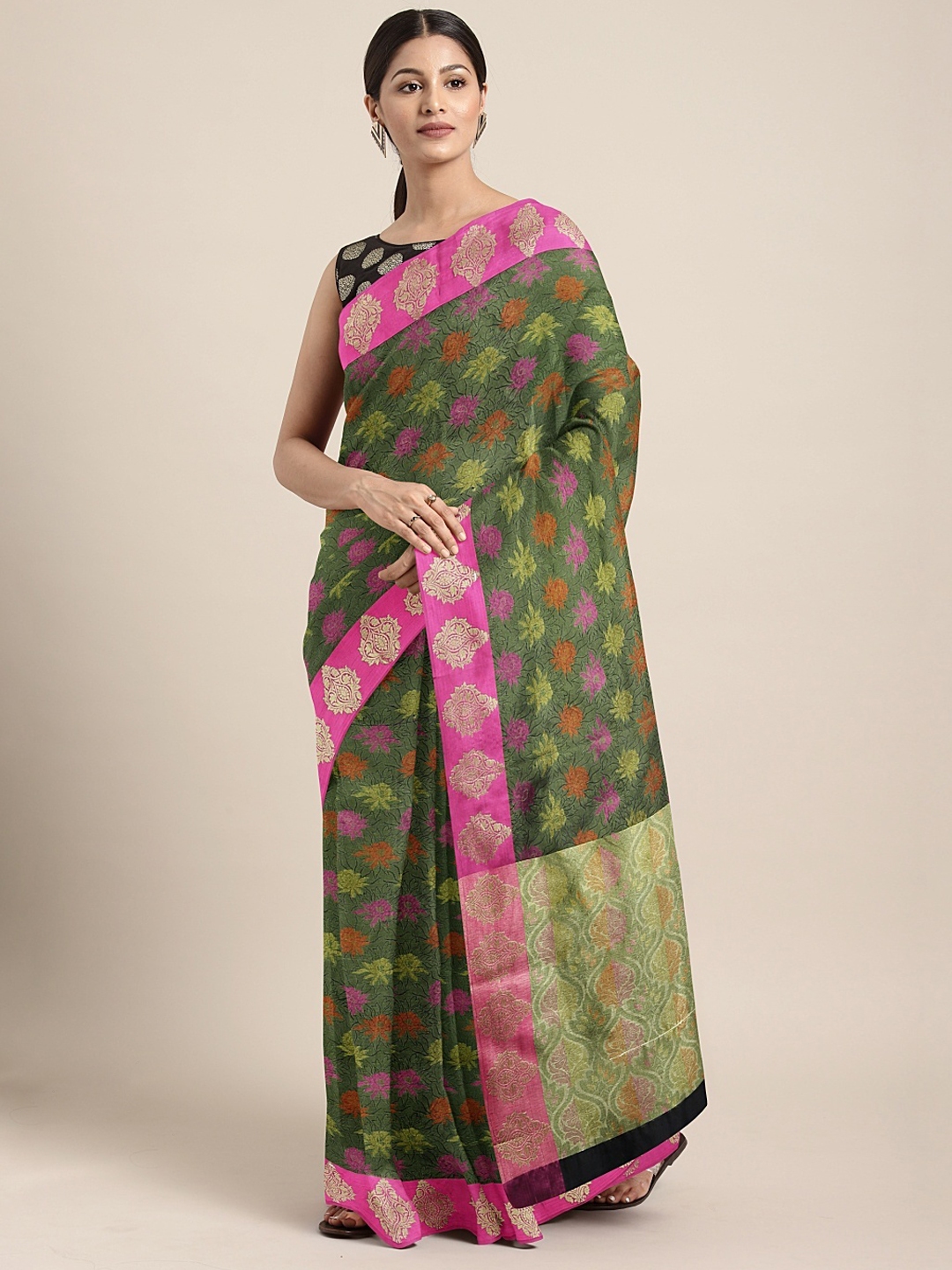 Buy Pothys Green & Pink Jute Silk Floral Printed Saree - Sarees for ...