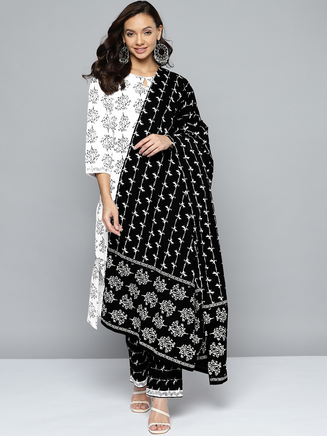 Women White Printed A-Line Kurta Trousers With Dupatta Set