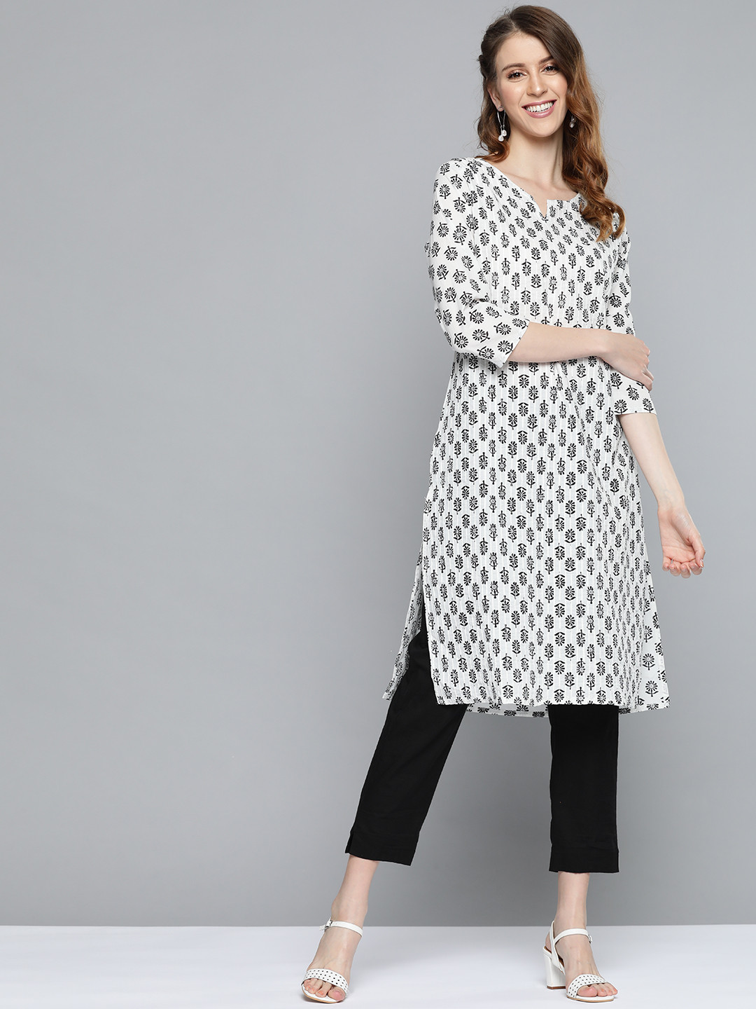 Plus Size White Printed Straight Kurta For Women