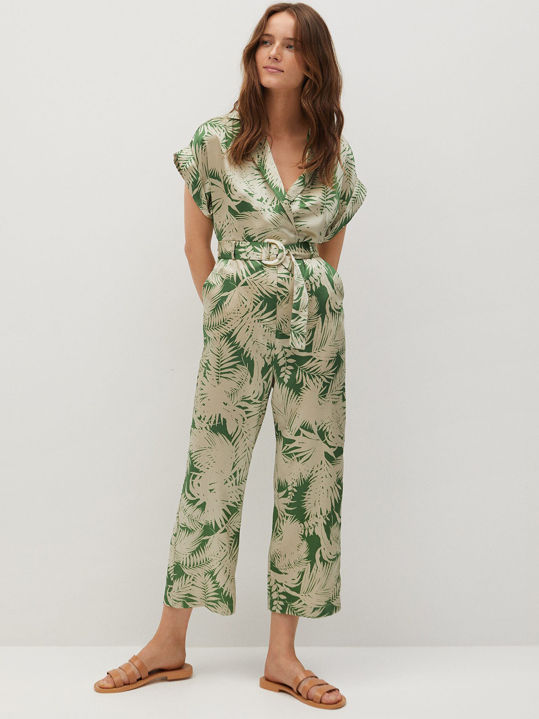 Buy MANGO Women Beige & Green Tropical Print Basic Jumpsuit With Satin Finish Jumpsuit for