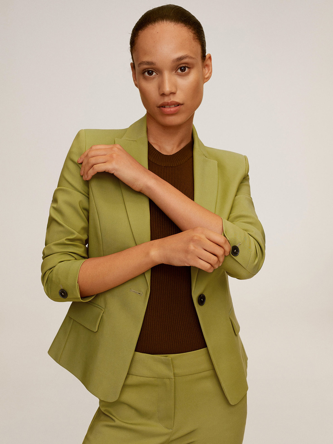 Buy MANGO Women Green Solid Sustainable Single Breasted Blazer