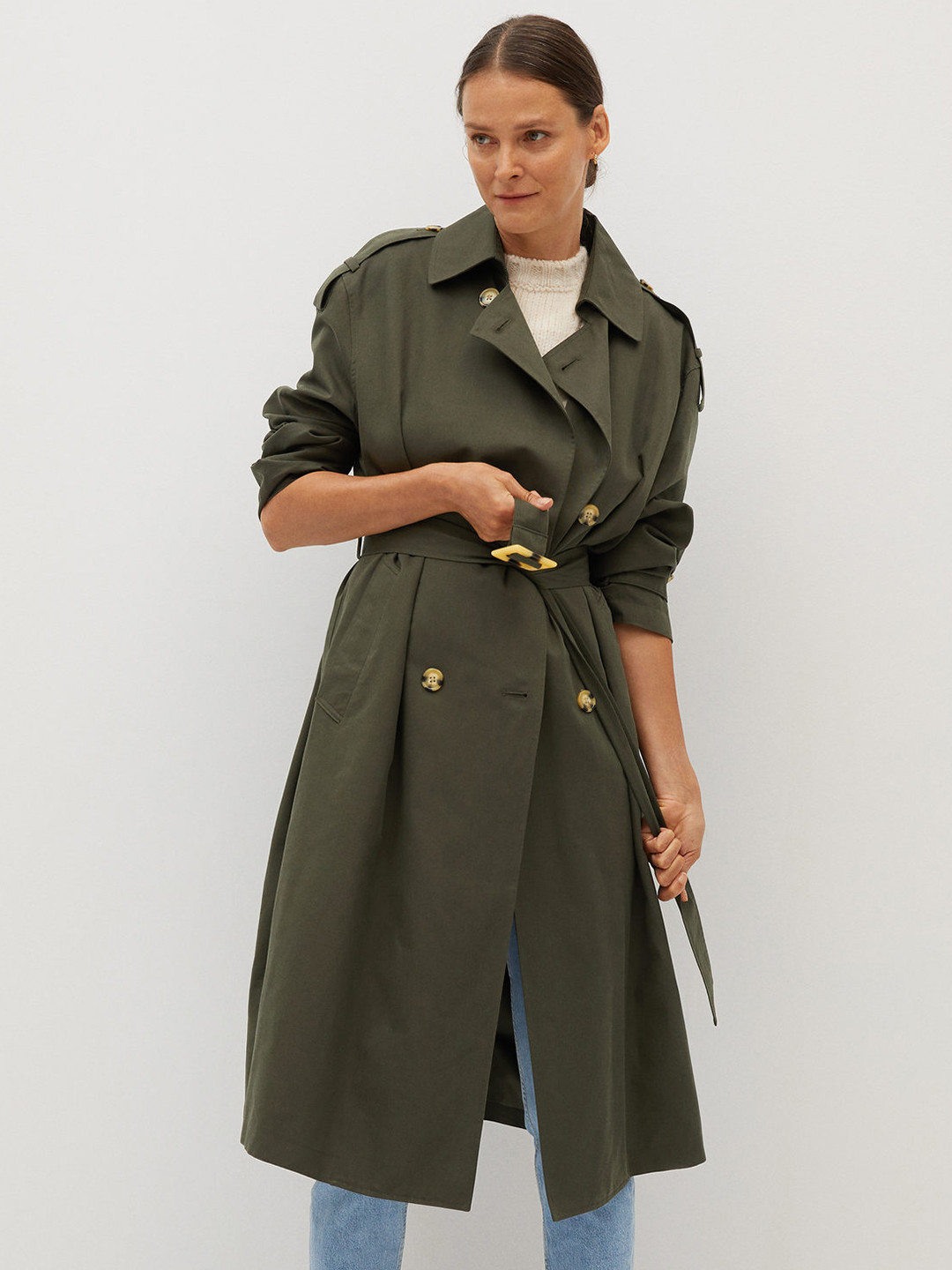 Buy MANGO Women Olive Green Solid Double Breasted Longline Sustainable