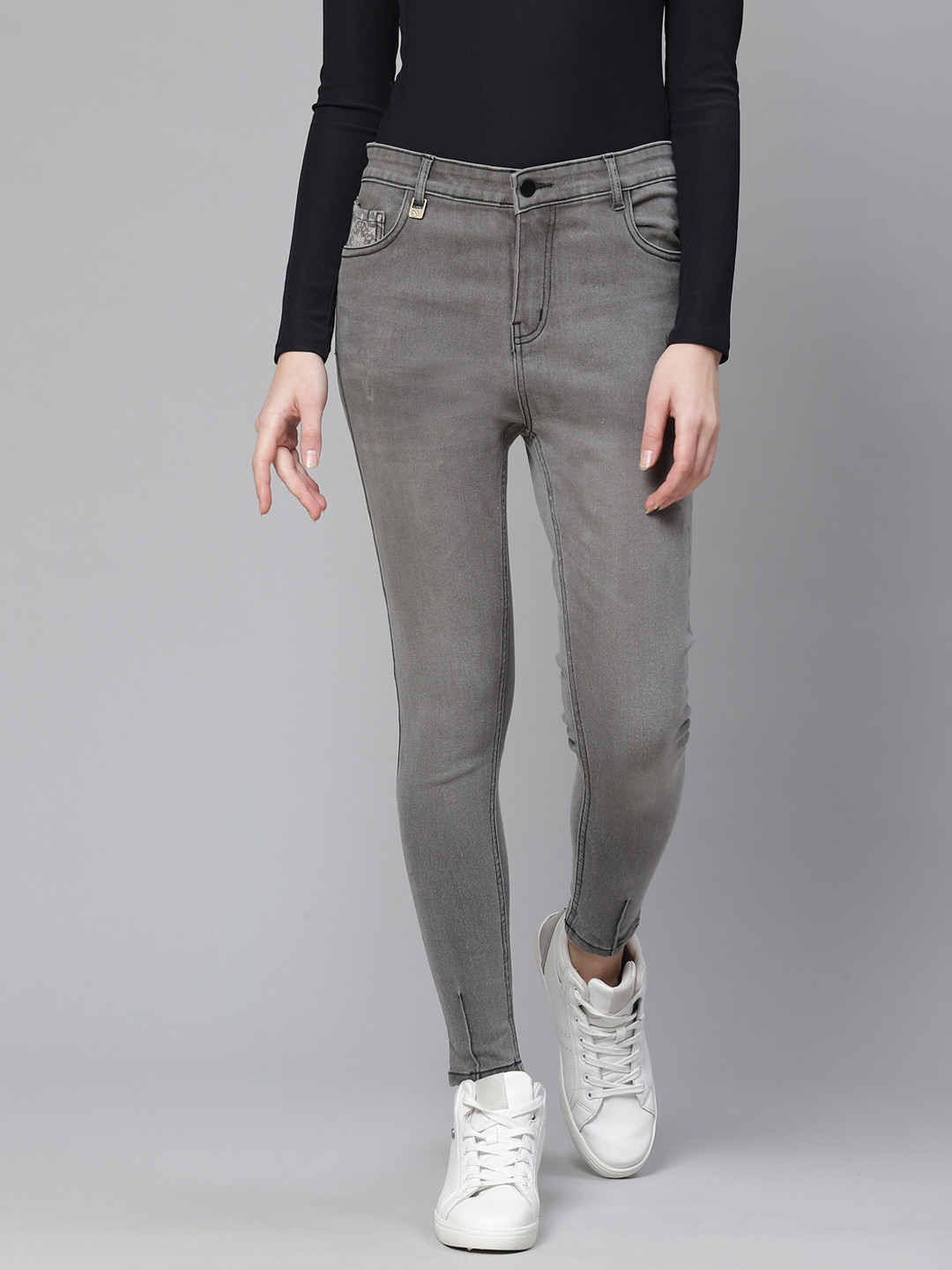 Buy Hubberholme Women Charcoal Grey Slim Fit Mid Rise Clean Look