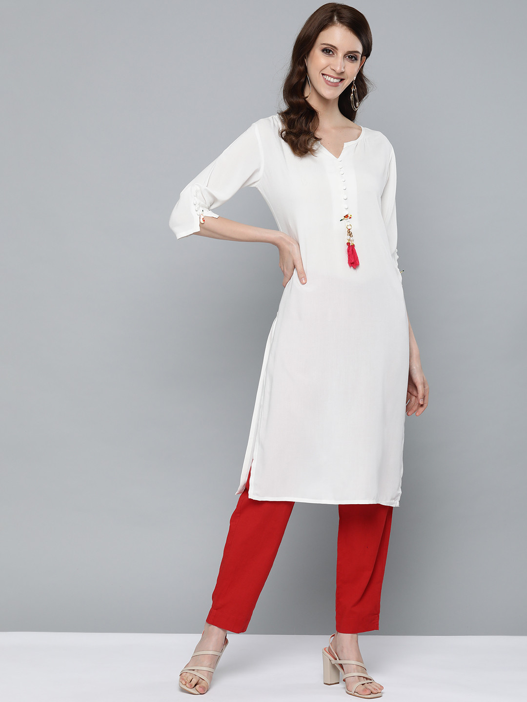 Women's Solid Straight Thread Work White Kurta Set