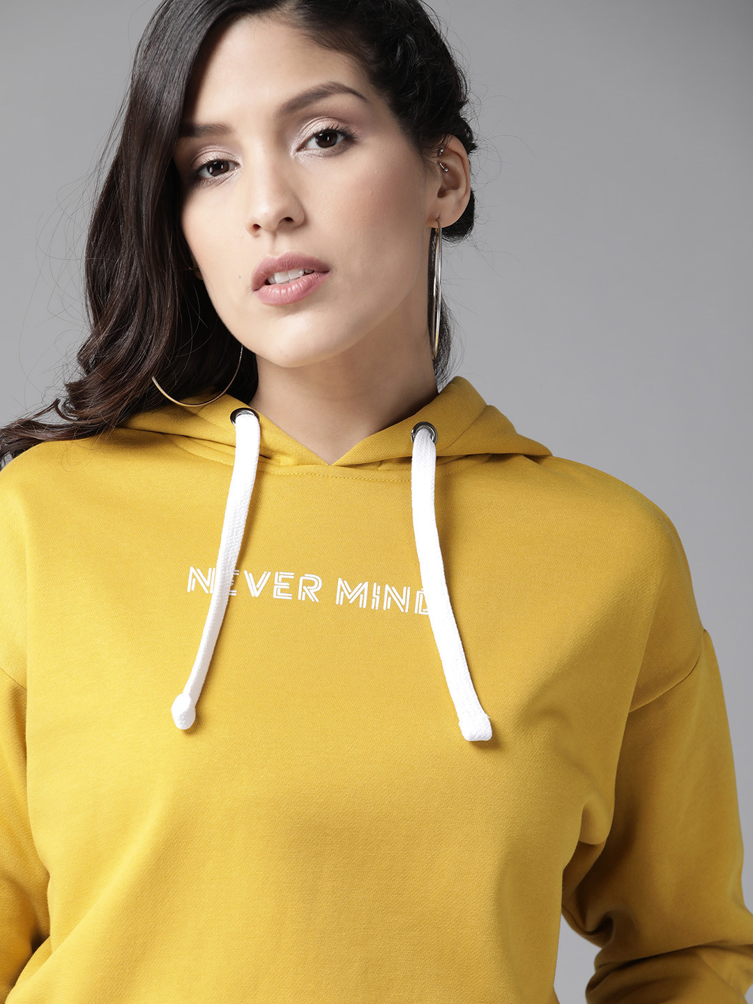 Buy Roadster Women Mustard Yellow Printed Detail Hooded Cropped ...