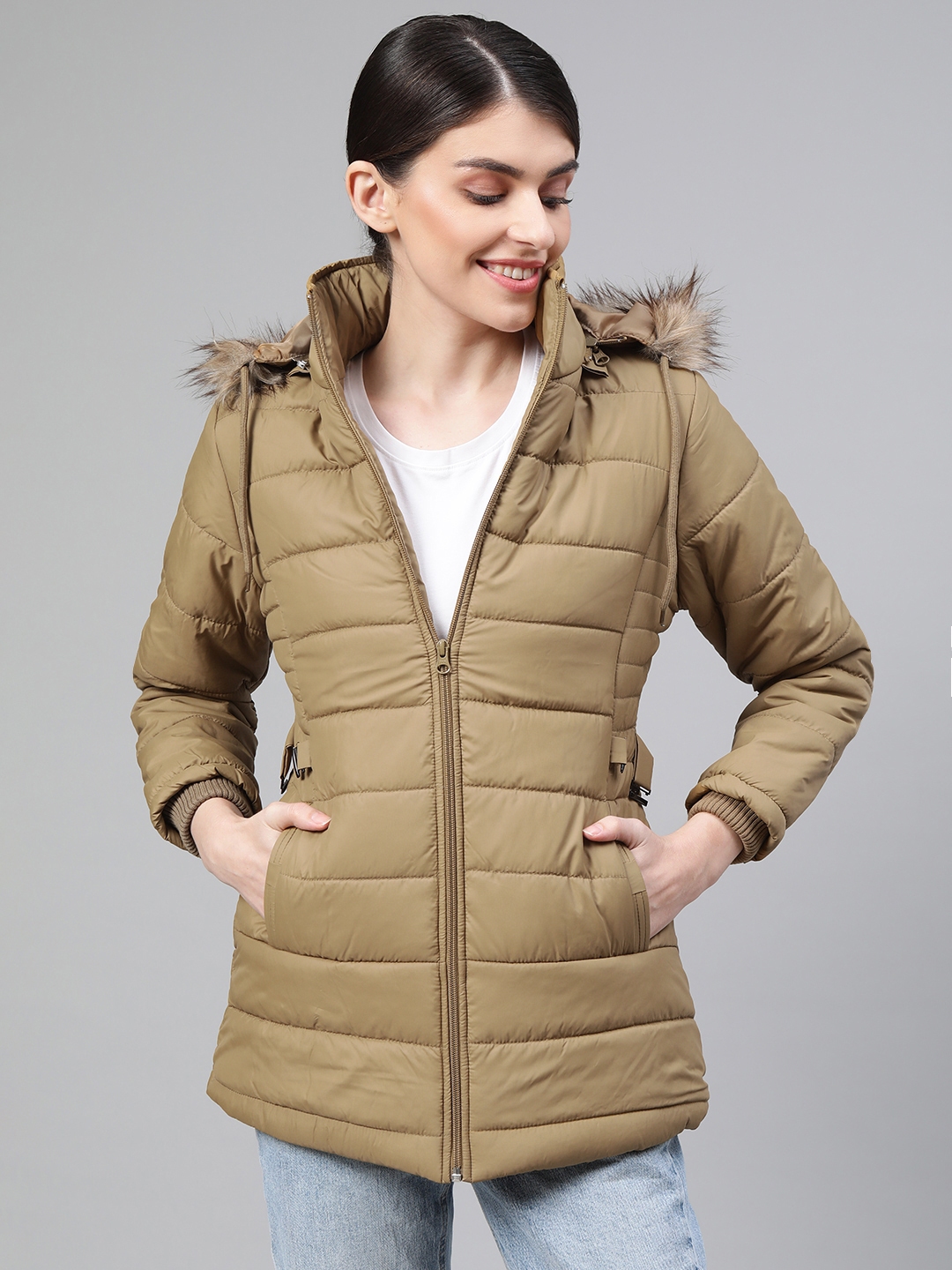 Buy Fort Collins Women Khaki Solid Hooded Parka Jacket - Jackets for ...